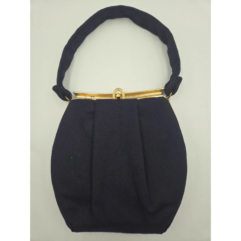 Vintage MCM 1950s Handbags By G.D.K. Ornate Jeweled Frame Clasp Navy Wool